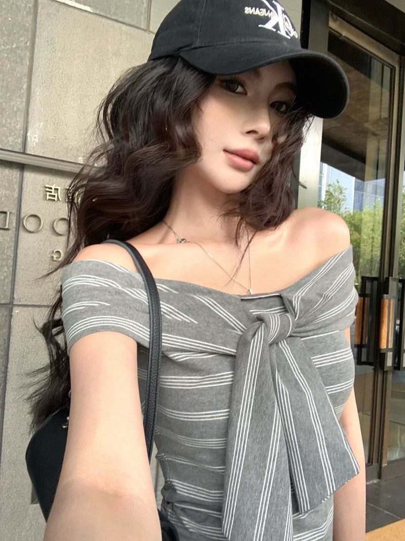 NA+ 簡約條紋多穿法!背心扭結上衣 灰