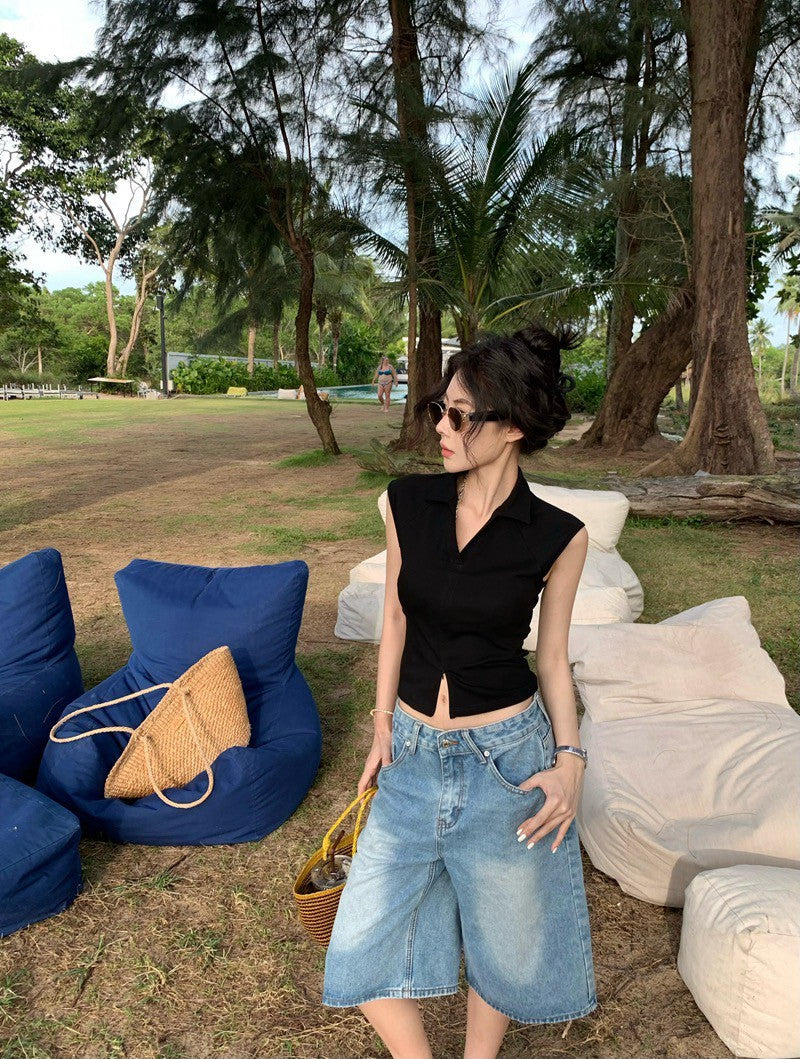 Na+ 時髦不插電 老錢polo領雙拉鏈背心 黑