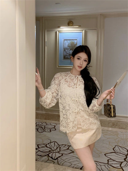 NA+ 手工立體蝴蝶花盤扣襯衫（附背心）中式印花半身裙