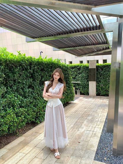 NA+ 驚艷絕美白色波點裙 法式收腰蕾絲無袖上衣