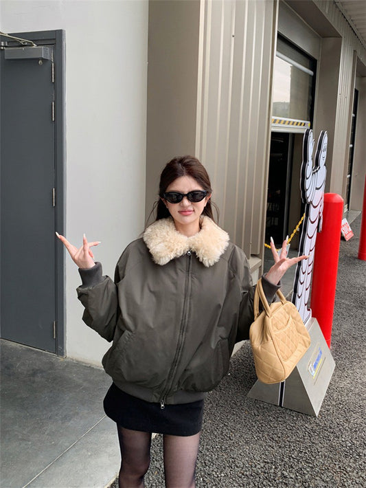 NA+ 美式復古毛毛領夾棉夾克外套 橄欖綠