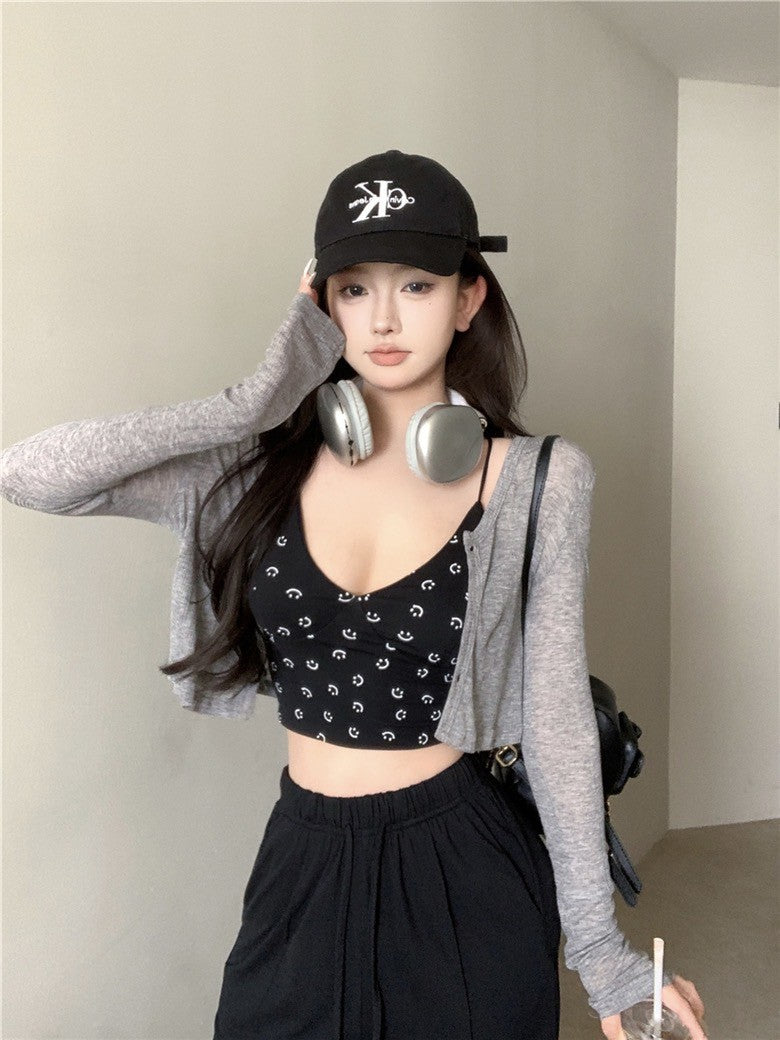 Na+ 辣妹夏日笑臉印花吊帶 開衫2件套