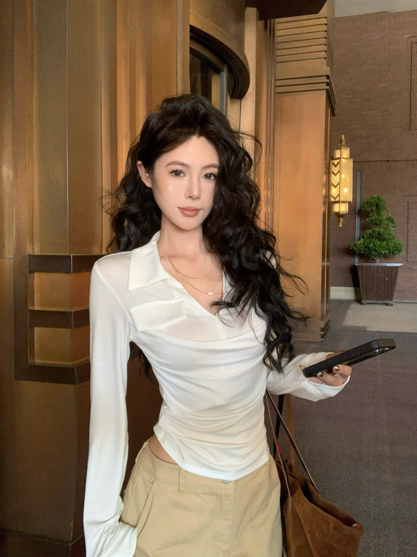 NA+ 職風休閒假兩件疊穿polo領正肩修身上衣 白/黑