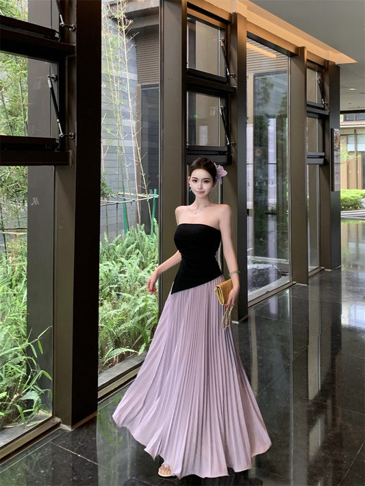 NA+ 木槿吟紫壓褶感氣質雪紡半身裙