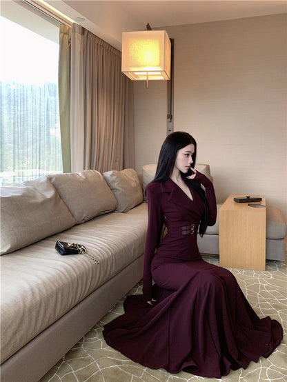 NA+ 性感掐腰西裝式V領收腰魚尾連身裙 紫/黑