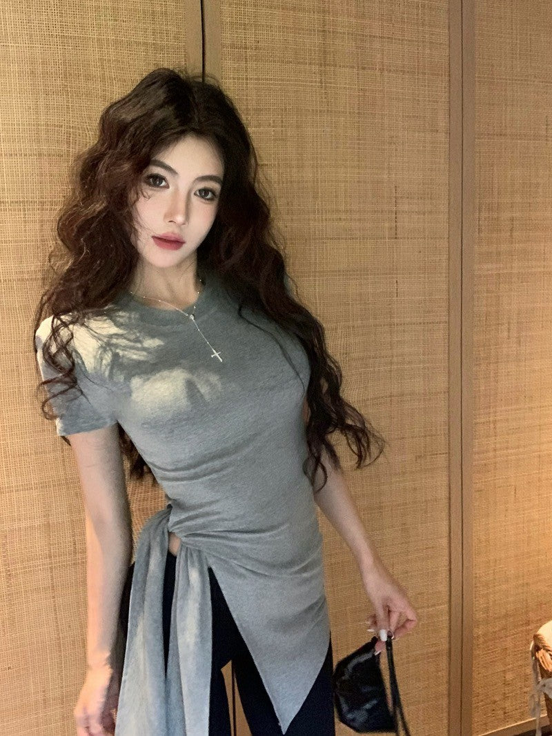 Na+ 簡約圓領側腰開叉顯瘦上衣 灰/黑