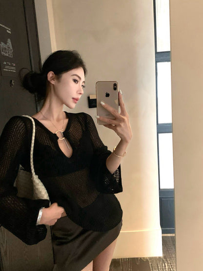 Na+ 時髦歐美老錢 V領縷空疊穿罩衣 黑