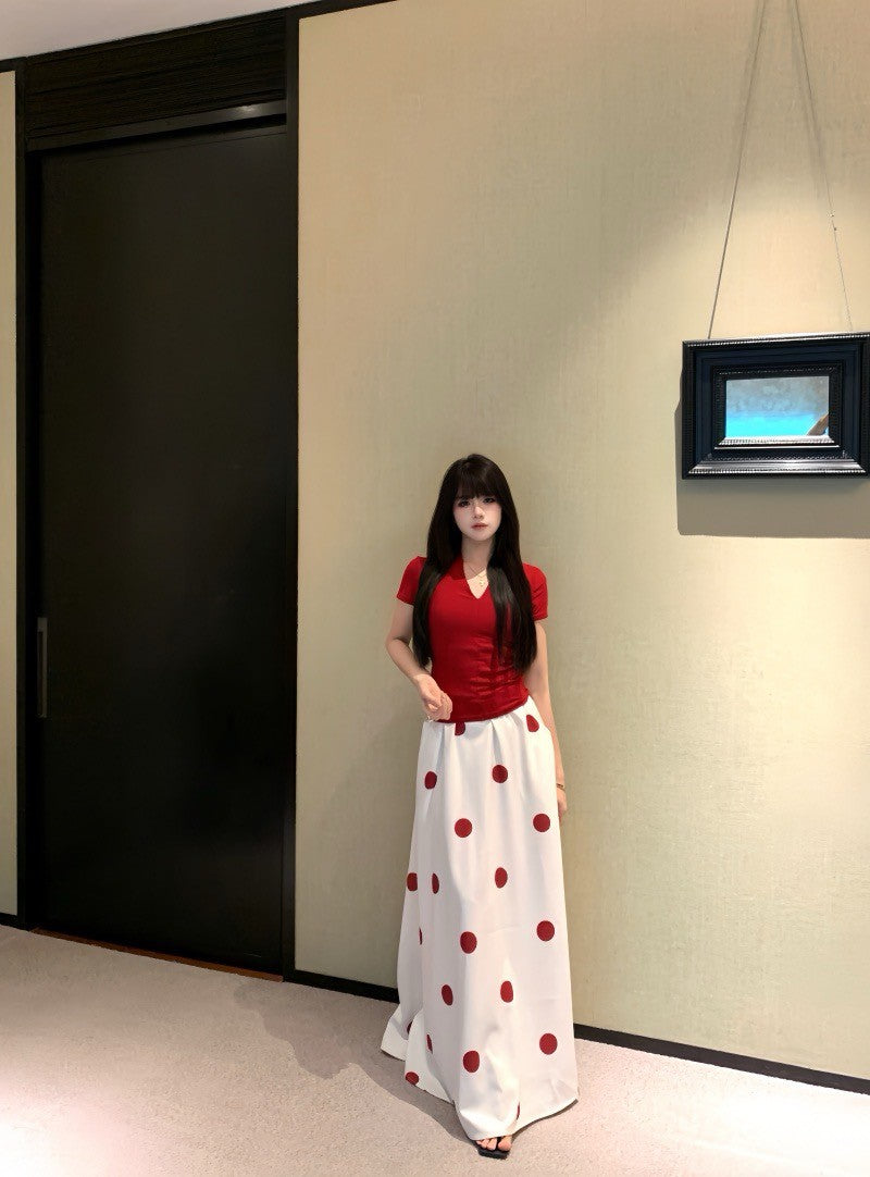 Na+ Redshow 復古V領收腰上衣 波點半身裙