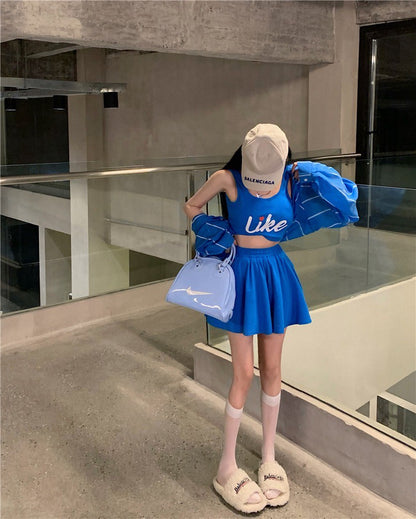 NA+ 美式辣妹寶藍背心套裝 防曬條紋罩衫