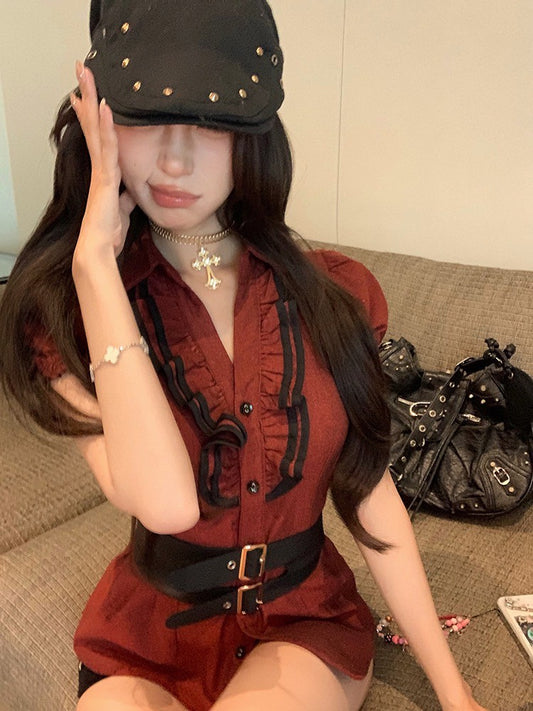 ''Na+''個性女爵 中世紀泡泡花邊酒紅色襯衫上衣