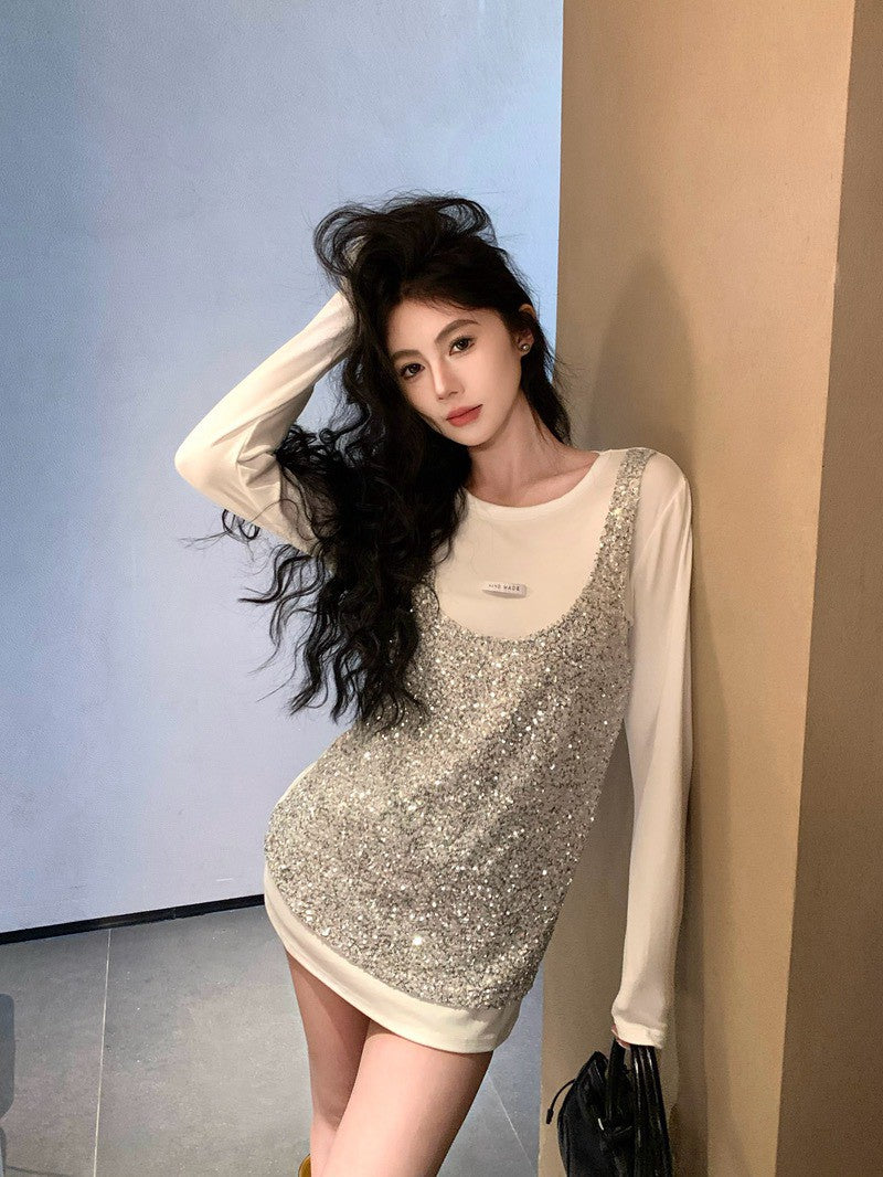 NA+ 大王blingbling 絨絲亮片拼接圓領上衣 白/灰