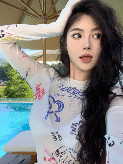NA+ 炸街QQ手繪塗鴉防曬透視上衣