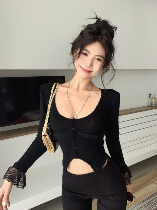 NA+ 可愛純慾心機V領修身短款上衣 黑/灰/白