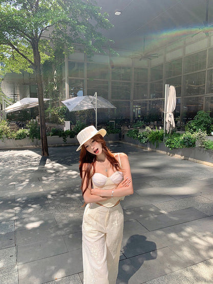 NA+ 一抹清香冷茶抹胸 刺繡闊腿褲