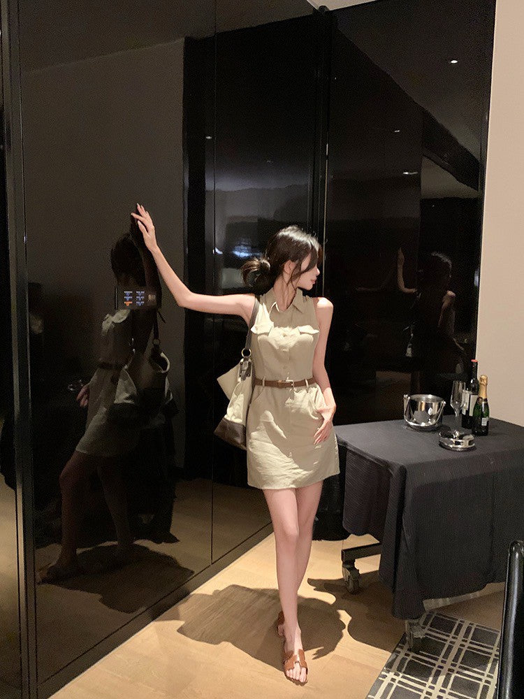 ''Na+''復古回潮 日常通勤polo領排扣連身裙 卡其