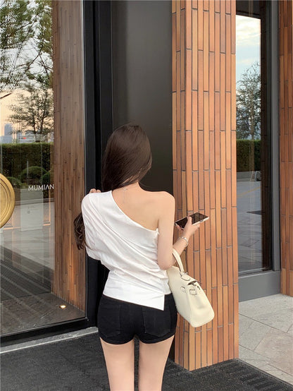 NA+ 設計感單肩收腰白色襯衫