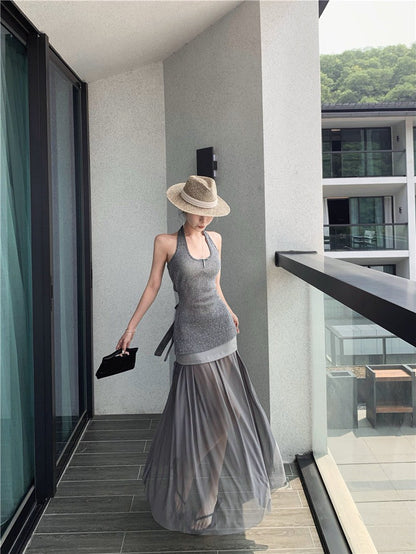 Na+ 歐美閃亮銀編美背背心 拼接透視半身裙 灰