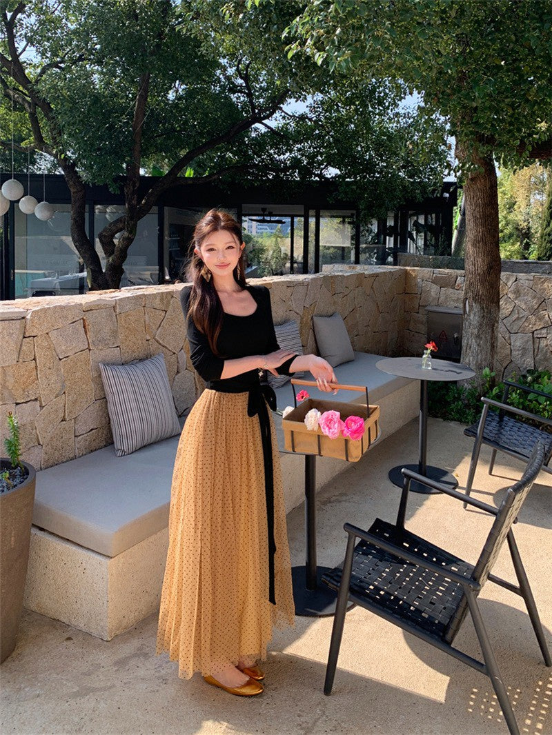 NA+ 許妍千金 蝴蝶綁帶復古撞色連身裙