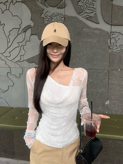 NA+ 造型偷心蕾絲假兩件式疊穿上衣 白