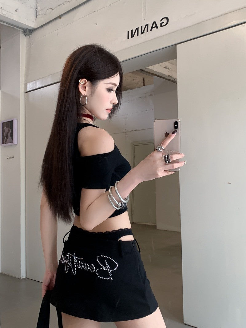NA+ 性感假兩件燙鑽中低腰半身裙 黑/灰/白（加購價不單售）