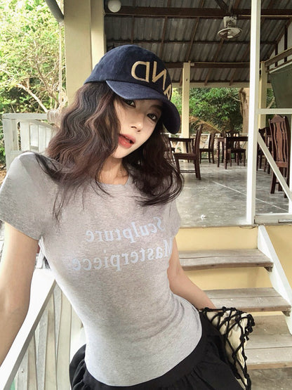 NA+ 辣妹正肩顯瘦圓領撞色字母上衣 灰/黑