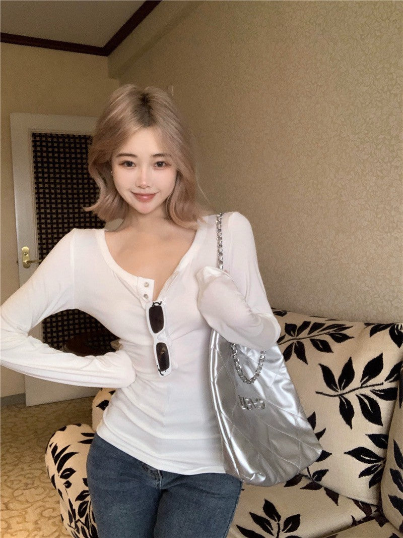 Na+ 登機私服休閒鈕扣圓領上衣 白/黑