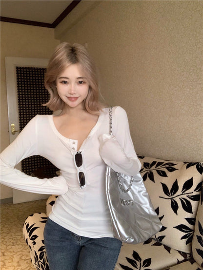 Na+ 登機私服休閒鈕扣圓領上衣 白/黑