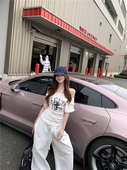 NA+ 墜愛白色系 簡約字母修身上衣/休閒褲