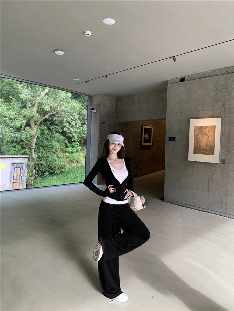 NA+ 通勤基礎修身拉鍊外套抽繩褲套裝 黑