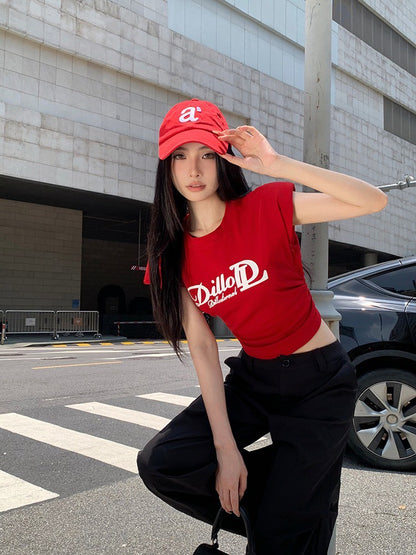 ''Na+''美式DL墊肩收腰字母辣妹上衣 紅