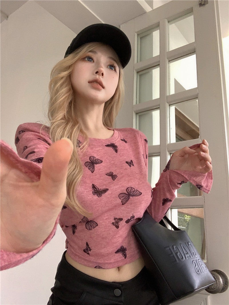 Na+ Lucky蝴蝶印花透視彈力上衣 粉