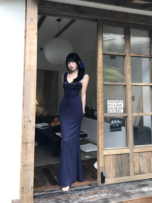 NA+ 美模秘笈辣妹蕾絲魚尾連身裙 藏藍