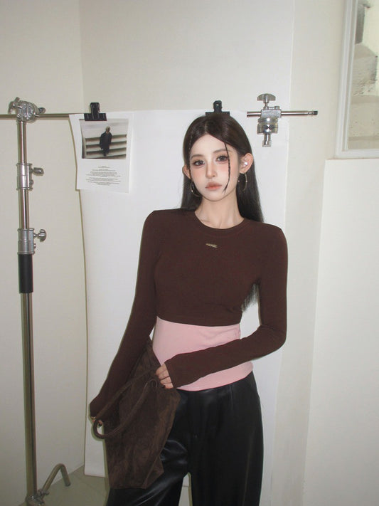 NA+ 美式辣妹數字撞色拼接圓領上衣 咖/黑/灰