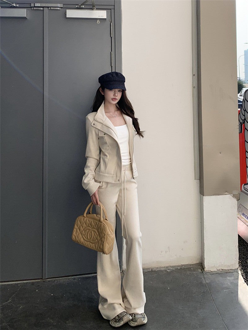 NA+ 巨瘦韓系搭收腰立領外套 微喇叭抽繩休閒褲 米
