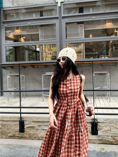 Na+ 高顏值日系 紅色格紋兩穿連身裙