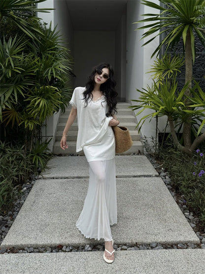 NA+ New money簡約蕾絲V領寬鬆上衣 透視拼接半身裙 白/黑