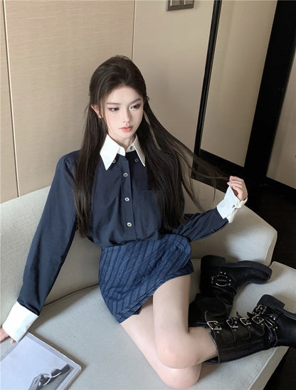 Na+ 職業往來～撞色假兩件式口袋襯衫 藏青