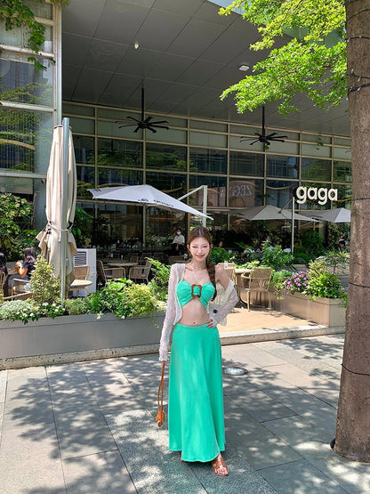 NA+ 度假風情小清新綠色抹胸 大裙擺半身裙 透感防曬外套