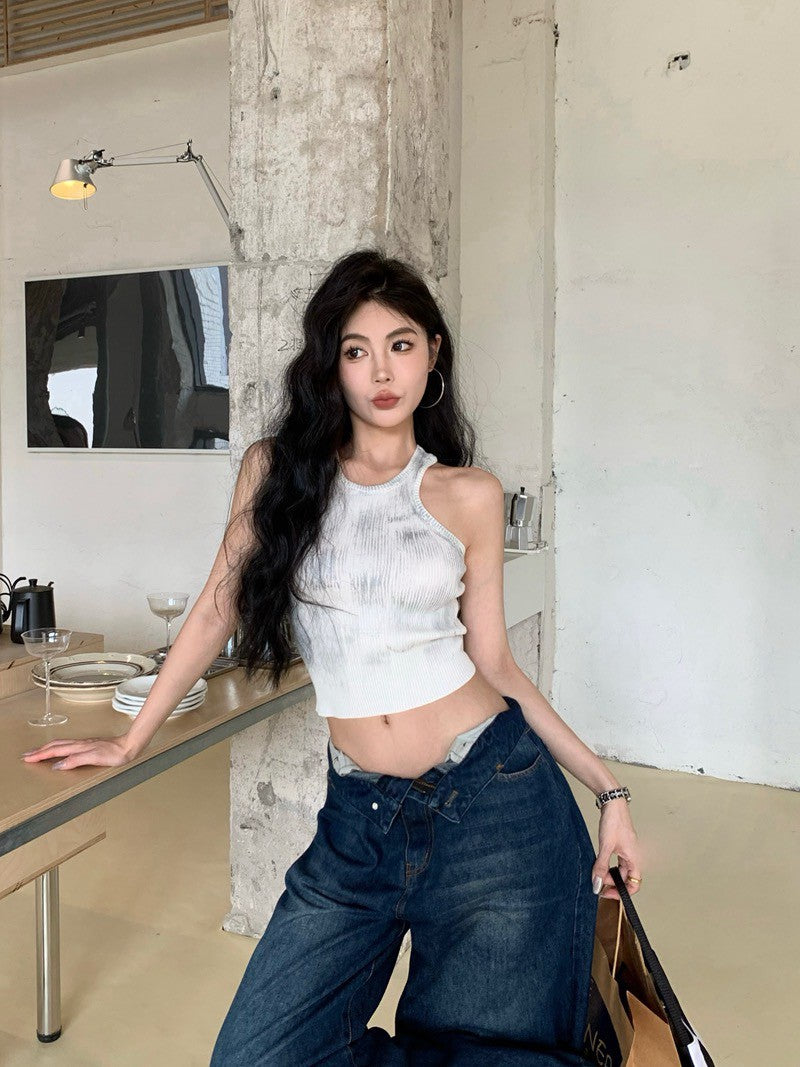 NA+ 手繪渣染彈力短款削肩背心 白/黑