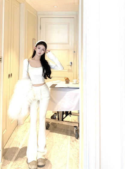 NA+ 韓系人 時髦針織修身喇叭袖上衣/休閒褲  杏