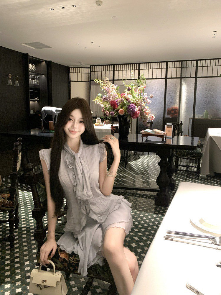 NA+ 南洋千金雪紡飄逸荷葉上衣 不規則半身裙 藍灰