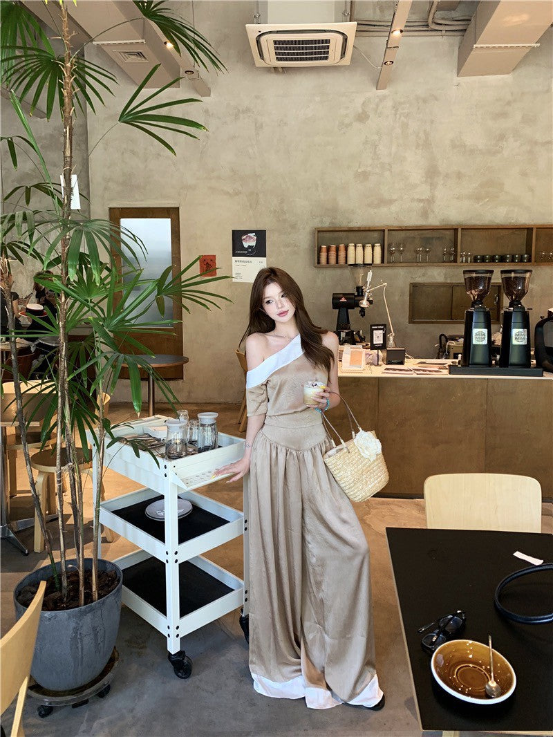 NA+ 乖巧西西里香檳色拼色上衣 高腰闊腿褲