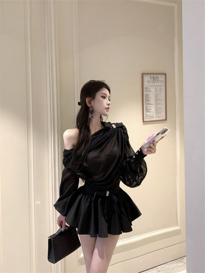 NA+ 法式白月光斜肩半透雪紡褶皺上衣花苞套裝 黑