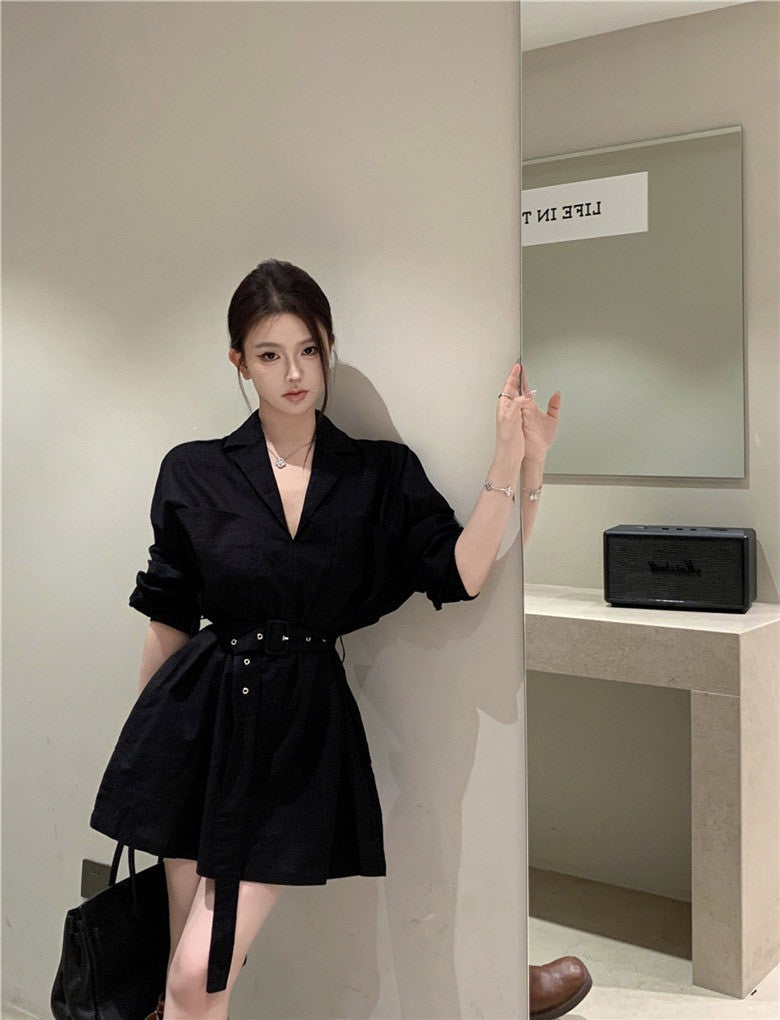 NA+ 韓女極簡主義西式襯衫收腰裙 黑