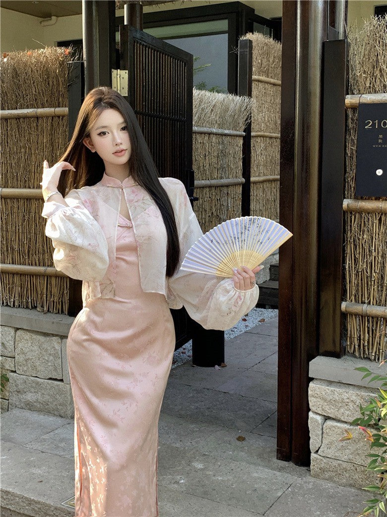 Na+ 出水芙蓉改良式旗袍連身裙 粉色