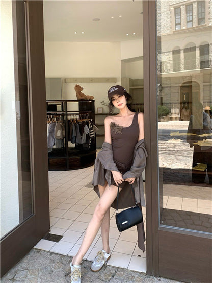 NA+ 立體花仙子不規則拼接連身裙 咖