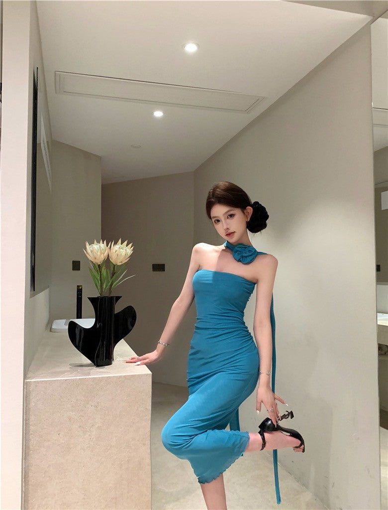 NA+ 復古女神裙飄繩立體花帶抹胸連身裙