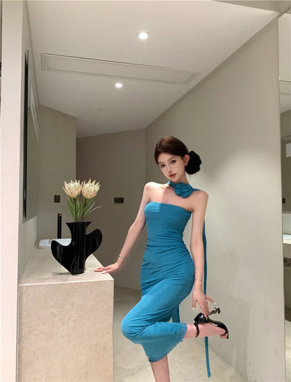 NA+ 復古女神裙飄繩立體花帶抹胸連身裙