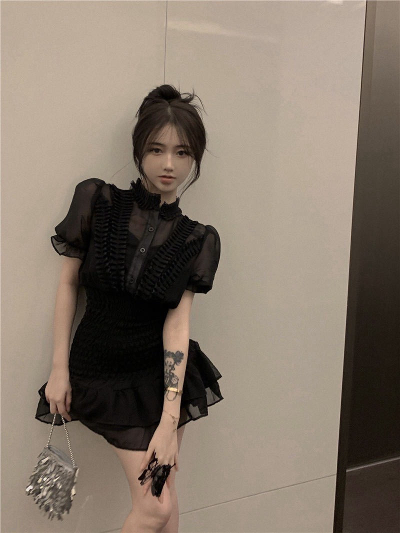 NA+ 清透冷茶熱銷再版娃娃領收腰連身裙 黑