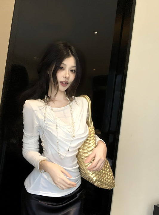 NA+ 棉質百搭蘯領假兩件式顯瘦上衣 白/咖